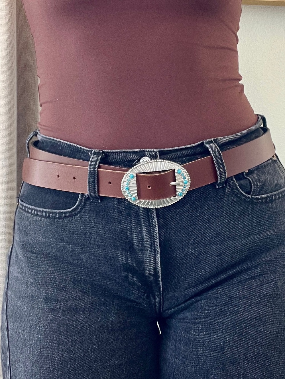 Treasure & Bond Brown Leather Western Belt Turquoise Oval Buckle Women's XL